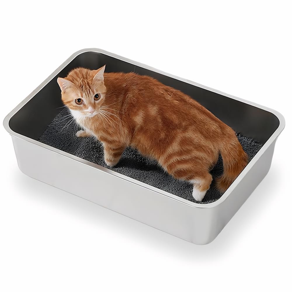 Cat Litter Tray,Thicken Extra Large Stainless Steel Litter Box for Big and Small Cats & Rabbits,Splash-Proof,Easy to Clean Open,Never Absorbs Odors and Non Stick Surface Metal Cat Tray,50x35x15cm