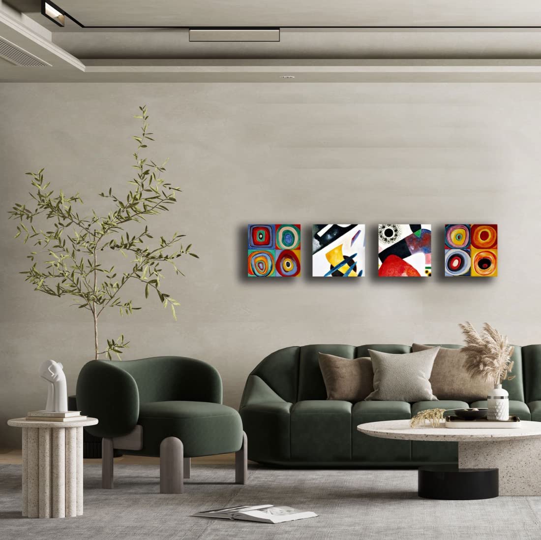 Set Di 4 Quadri Moderni Su Tela Stile Kandinsky - 40x40 Cm, Colori Giallo Blu Rosso, Per Soggiorno, Camera, Ufficio