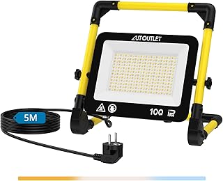 AUTOUTLET Baustrahler LED, 100W 8700LM LED Strahler Arbeitsleuchte mit 3 Farbtemperaturmodi, 5M Netzkabel IP66 Wasserdicht Bauscheinwerfer, 360° drehbare Baulampe für Garage Baustelle