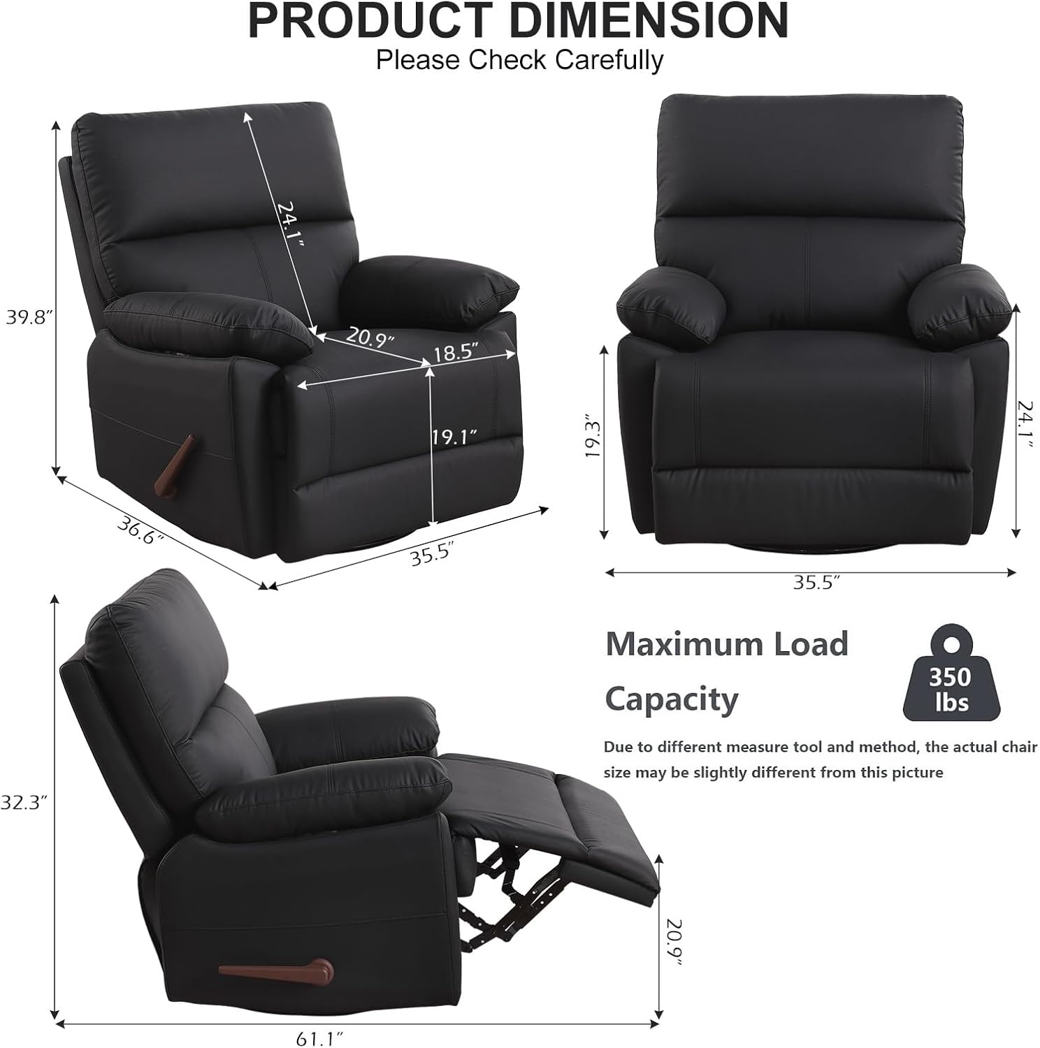 Manual Recliner Chair with Lever Handle, 360° Swivel Elderly Rocker Recliner Chairs, Glider Rocking Chair Nursery, Upholstered Recliner Sofa Chair for Living Room, Small Spaces (Black)