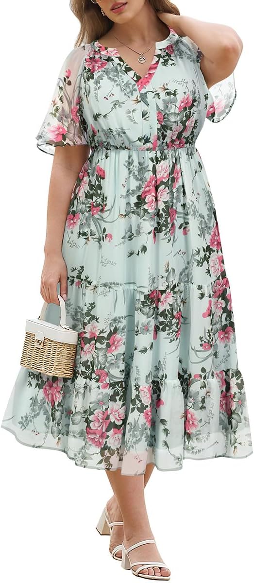 RITERA Plus Size Summer Dresses Short Sleeve V Neck Flowy Midi Dress Chiffon Boho Floral Beach Party Wedding Guest Dress