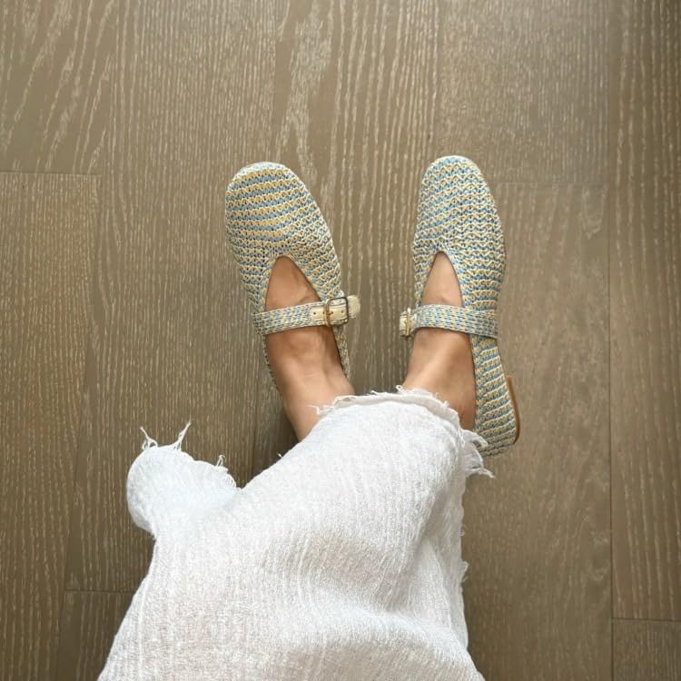 ZQW Woven Mesh Mary Jane Ballet Flats for Women Genuine Leather Raffia Slip-On Breathable Comfortable Summer Casual Shoes4
