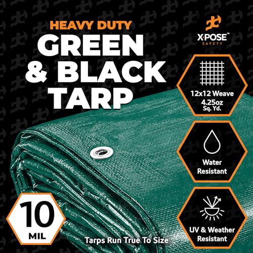 Image of Heavy Duty Poly Tarp - 14' X 14' Bulk (6-Pack) - 10 Mil Thick Waterproof, UV Blocking Protective Cover - Reversible Green and Black - Laminated Coating - Grommets - by Xpose Safety