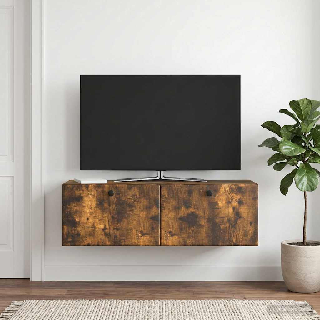 Hothingwell TV-Wandschrank, 98 x 31 x 30 cm, rauchfarbene Eiche, Holz | 90° drehbare Türen, großzügige Aufbewahrung, einfache Reinigung mit feuchtem Tuch, platzsparendes Wanddesign