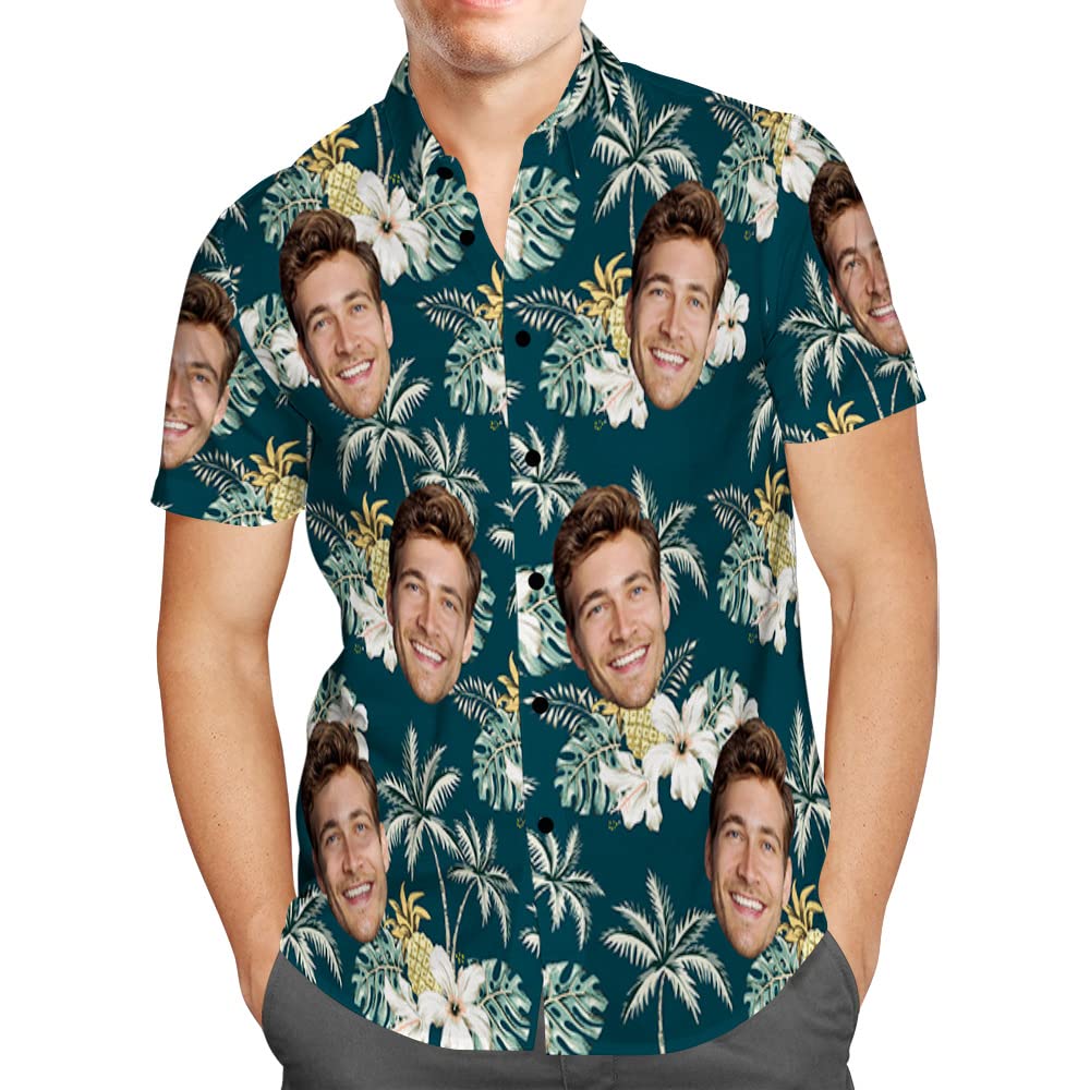 Smile lab Camisa Hawaiana Hombre Personalizado Foto Rostro Estampado en Botón Informal Abajo Playa Camisa Manga Corta Aloha de Vacaciones Camiseta Foral