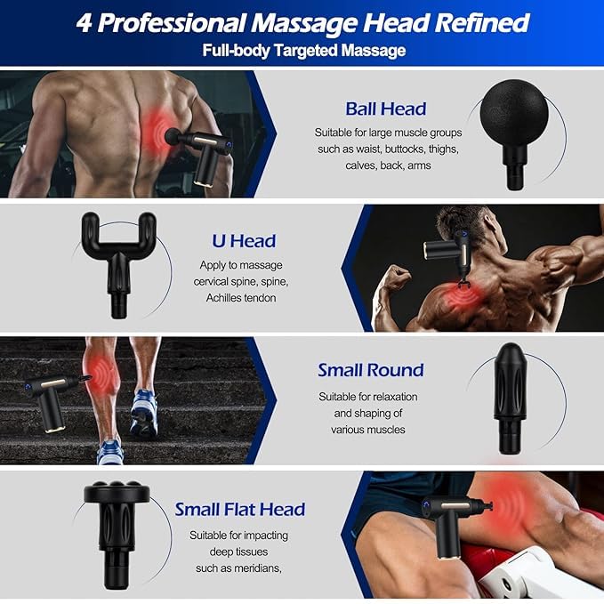 Image of Pulse Gun Massager | Rechargeable Handheld Massage Gun with 4 Heads & 6 Speeds | Digital Display | Muscle Recovery & Pain Relief for Neck, Shoulder, Back, Leg & Full Body (Multicolour)