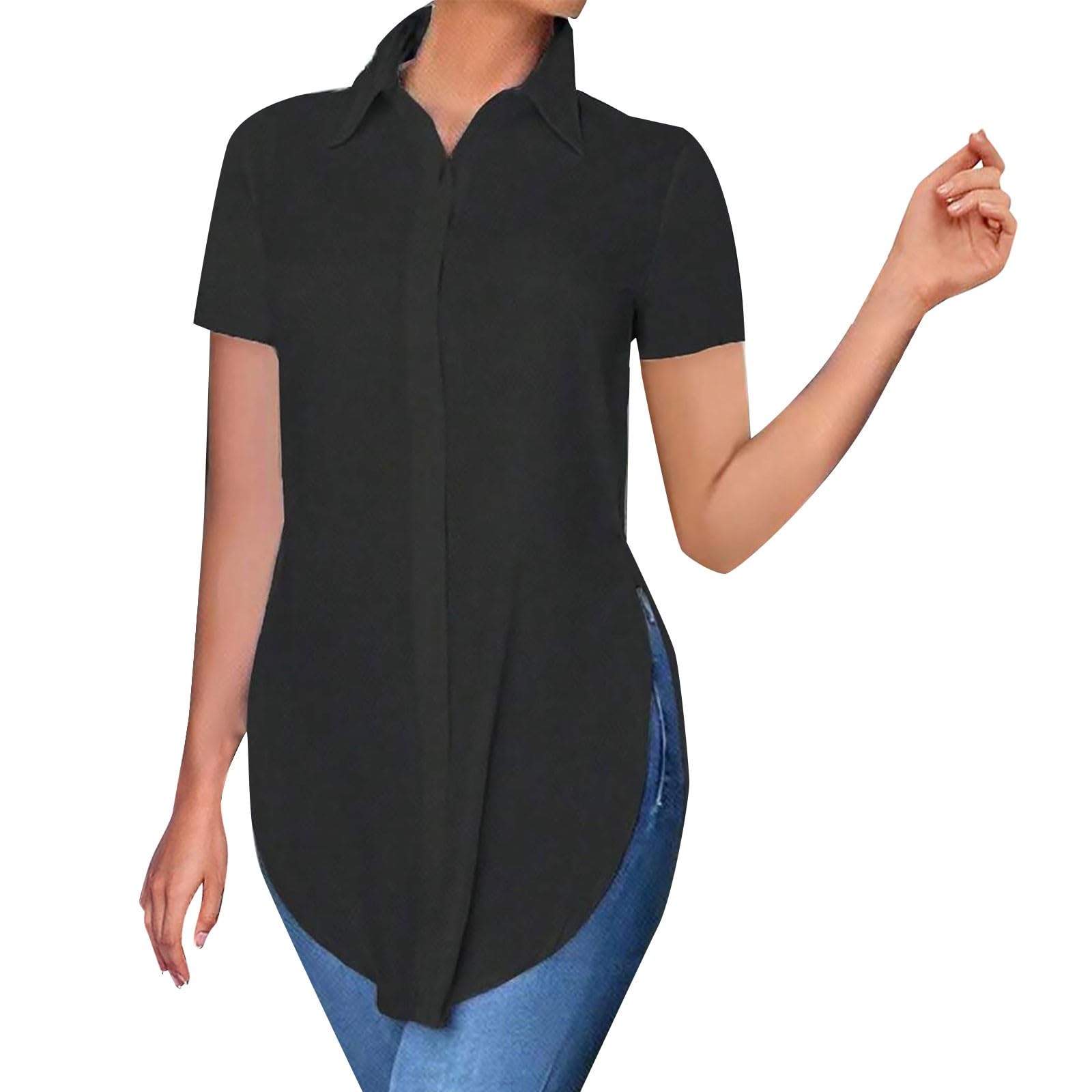 Women's Button Down Shirt Longline Polo Collar Split U-Shaped Irregular Hem Polo Shirts Short Sleeve V Neck Breathable Dressy Tunic Tops Elegant Summer Long Tops to Wear with Leggings