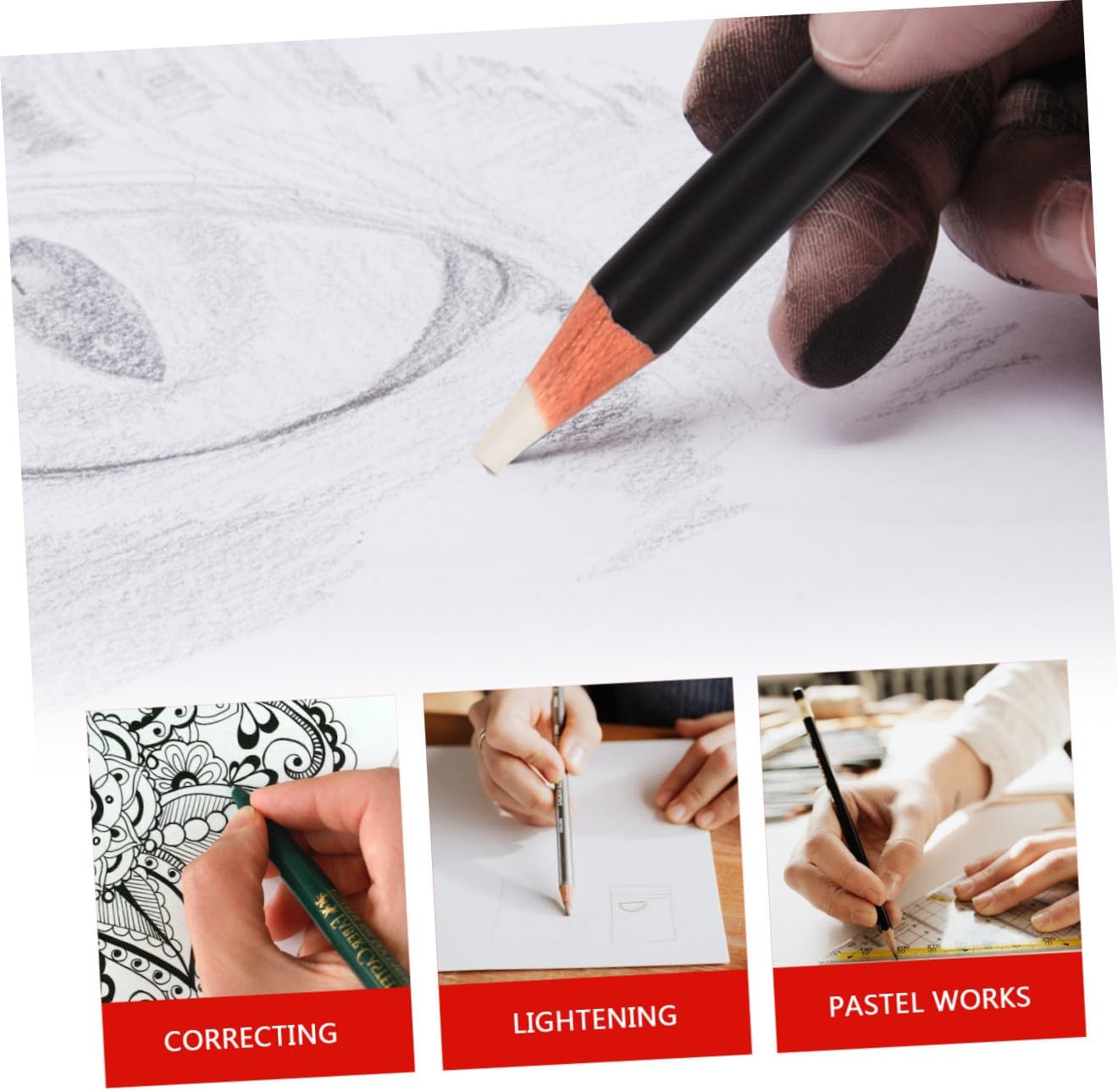 6Pcs Highlight Eraser Pen Rubber Pencil for Artists Lightweight Drawing Rubber Pencils with Sharpener for Sketching Painting and Handwriting Correction