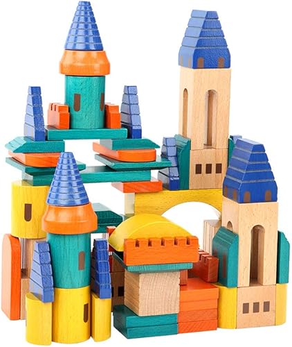 Miniatura 2 de Juego de bloques de construcción de castillo de madera, juguete de bloques apilables de madera de haya maciza grande, juego de construcción para