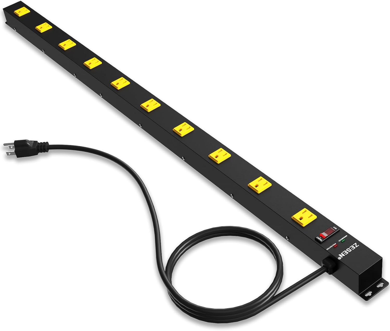 ZESEN 10 Outlet Long Power Strip, Wide Spaced Outlet Power Bar, Heavy Duty Metal Power Strip with 4FT Cord for Work Bench, Garage, Shop, Overload Protection Switch, ETL Listed (15A/1875W), Black