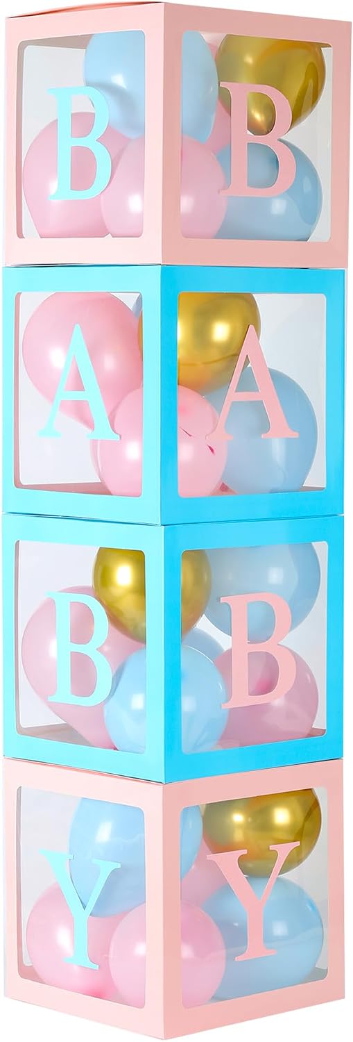 Baby Shower Box Pink Blue Transparent Balloon Boxes with BABY Letters for Gender Reveal Party Birthday Party Photo Prop