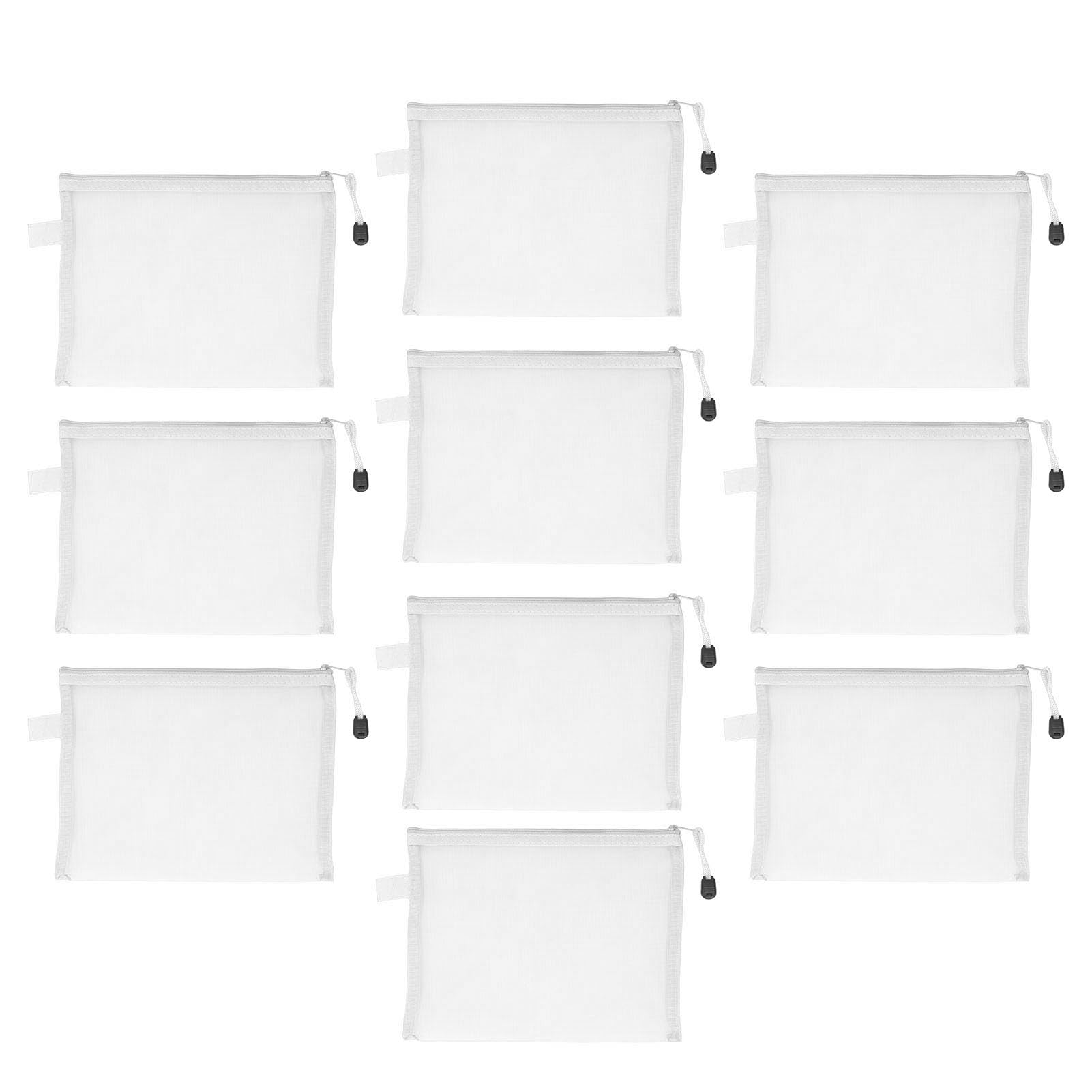 10Pcs A5 Mesh Zipper Pouch Bag, Nylon Mesh Zipper Pouch Bags Mesh Zipper Document Pouch Convenient Hanging Rope Waterproof Zipper Pouches for Office Home Hospital Travel (White)