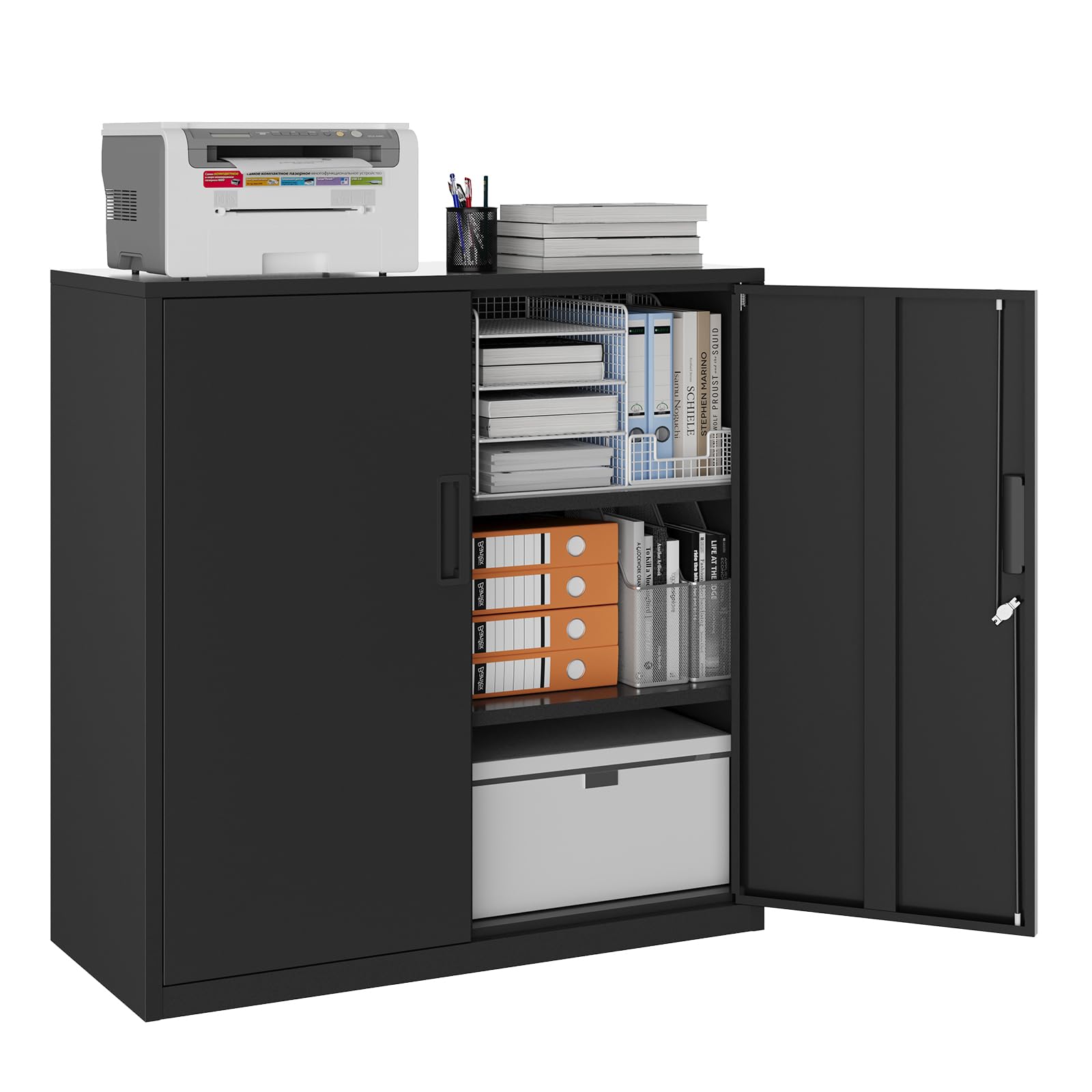 YOUDENOVA Aktenschrank, 90 x 90 x 40 Metallschrank abschließbar mit 2 Türen, Mehrzweckschrank mit 3 Ebenen, verstellbare Ablagen, Werkzeugschrank für Büros, Ateliers und Garagen, Schwarz