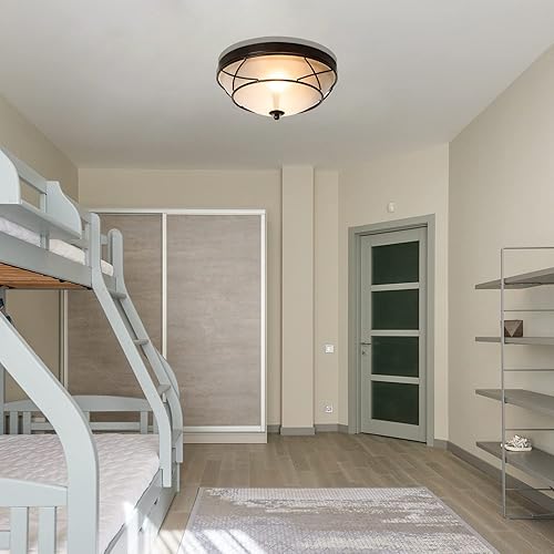 Miniatura 3 de Lámpara de techo clásica negra de 12 pulgadas, montaje empotrado, 2 accesorios de iluminación de bronce claro, lámpara de techo de granja de vidrio