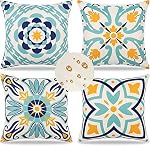 Dremisland Outdoor Throw Pillow Covers Waterproof Pillow Covers 18x18 Set of 4 Boho Linen Throw Pillow Covers Modern Blue Decorative Pillow Case for Patio Garden Balcony Couch Deck Chair