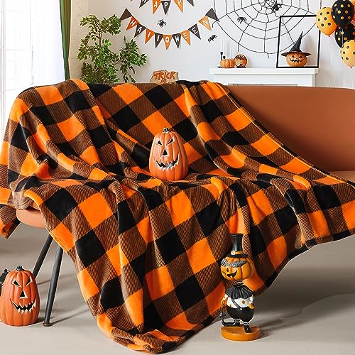 Touchat Halloween Blanket, Fleece Throw Blankets, Buffalo Plaid Throw Blanket for Couch Sofa Bed, Soft Warm Fuzzy Cozy Plush Checkered Blanket, Farmhouse Fall Decor, Orange and Black