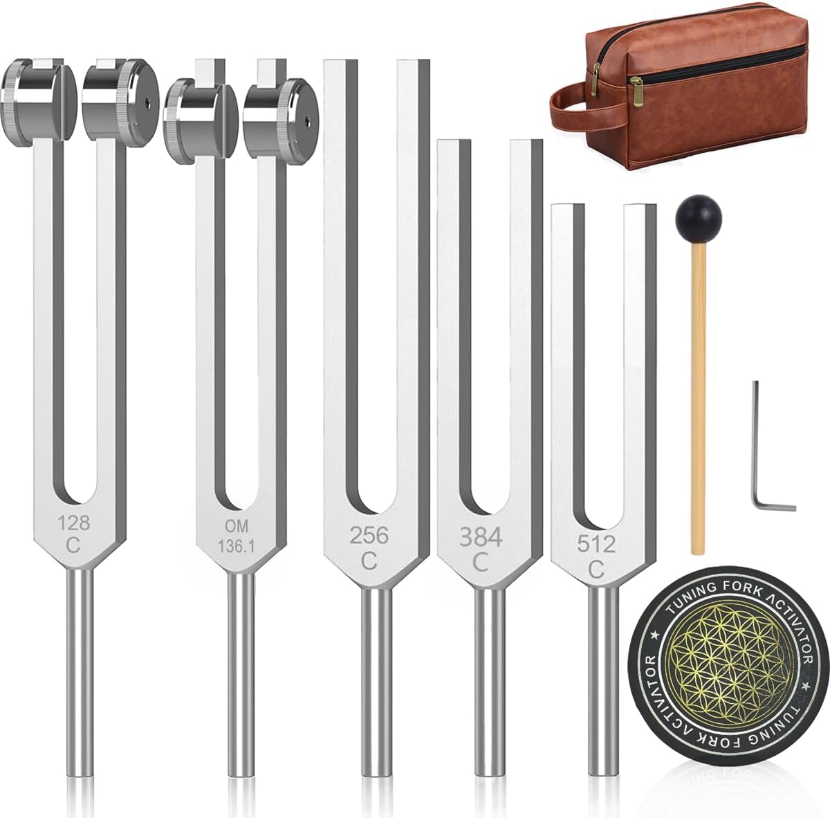 Resonance Tuning Fork Set for Healing – Weighted & Unweighted Sound Therapy Tools with 128Hz, 136Hz, 256Hz, 384Hz, 512Hz Frequencies & Hockey Puck Activator – Chakra & Meditation Instruments