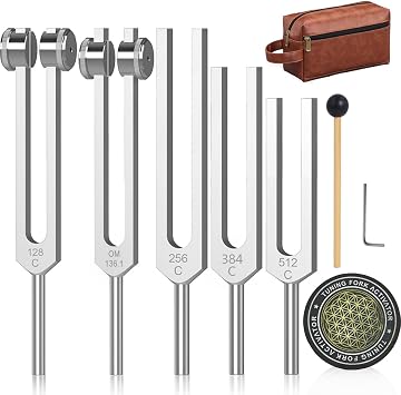 Resonance Tuning Fork Set for Healing Weighted & Unweighted Sound Therapy Tools with 128Hz, 136Hz, 256Hz, 384Hz, 512Hz Frequencies & Hockey Puck Activator Chakra & Meditation Instruments