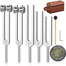 Resonance Tuning Fork Set for Healing   Weighted & Unweighted Sound Therapy Tools with 128Hz, 136Hz, 256Hz, 384Hz, 512Hz Frequencies & Hockey Puck Activator   Chakra & Meditation Instruments