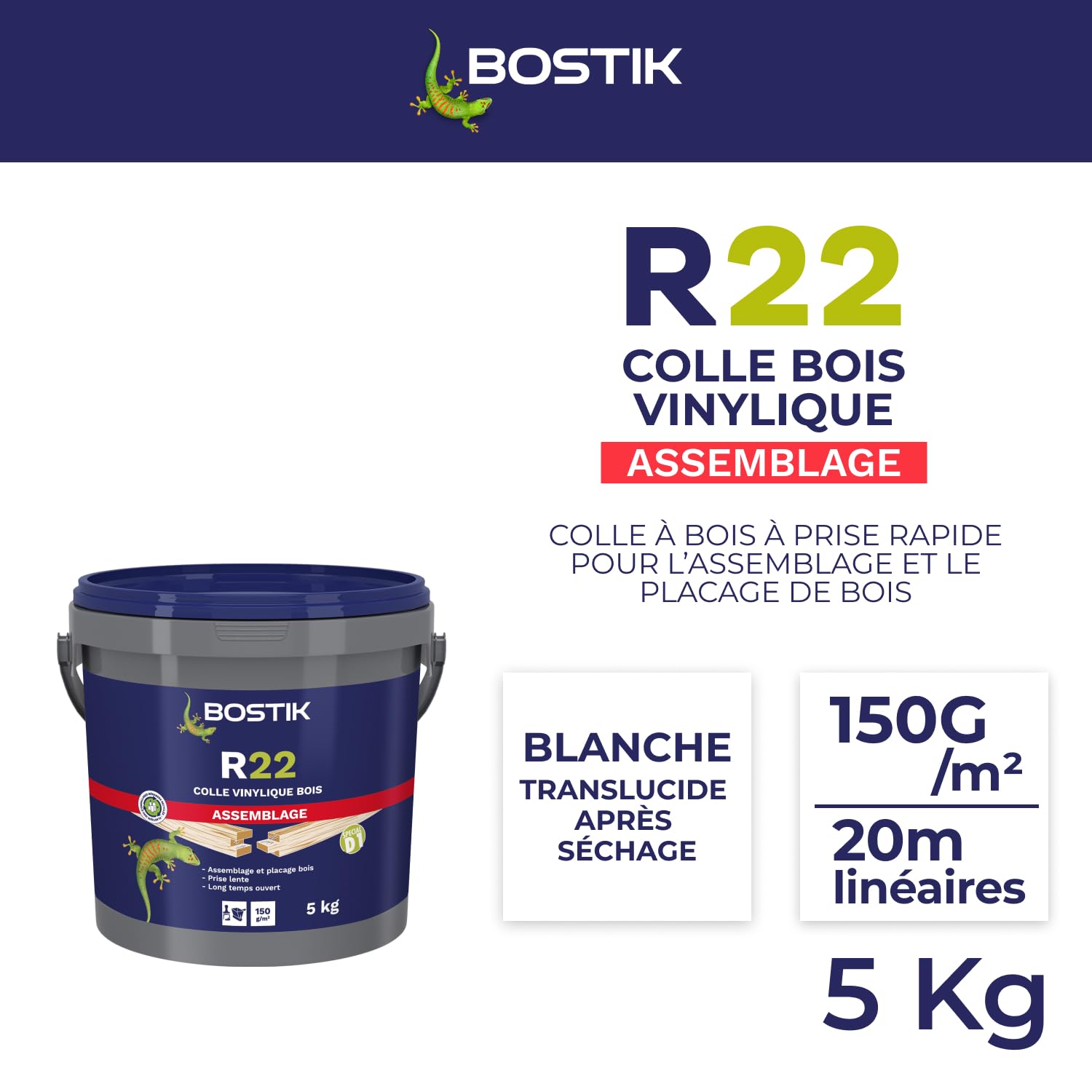 Bostik Colle Vinylique Bois R22 - Prise Lente - Colle d'Assemblage et de Placage du Bois - D1 Menuiseries Intérieures - Meubles - Blanc - Seau de 5 kg