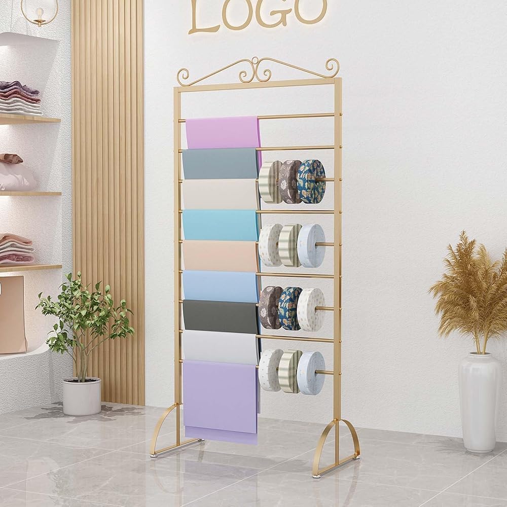 Ribbon Storage Display Stand, Freestanding Metal Scarf Storage Organizer Rack, Retail Boutiques Double-Sided Hanging Hijab Silk Shawl Suit Pant Tie Belt Towel Display St(Size:45x40x175cm,Color:White)