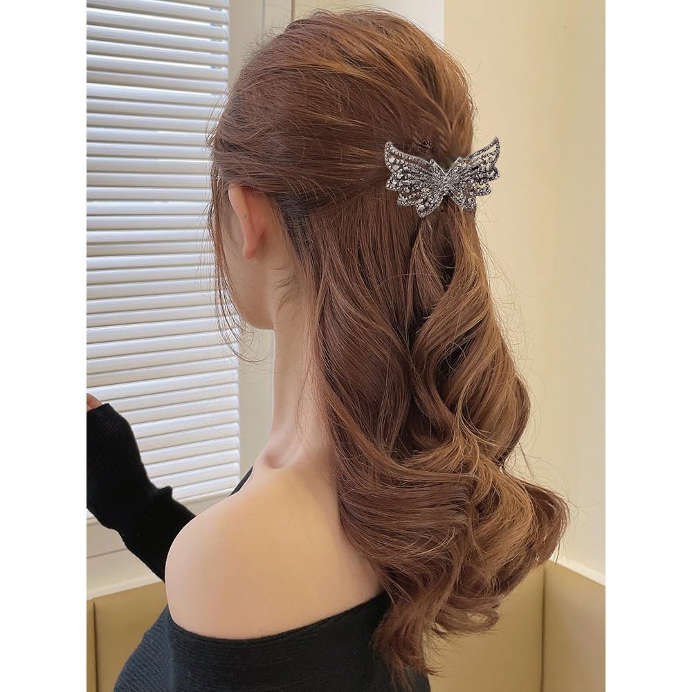 Generic Hair Barrette, Pure Butterfly Style, Symmetry Butterfly Barrette Materials, Double Layer Spring Plate Design, Black Crystal Rhinestone, for Women