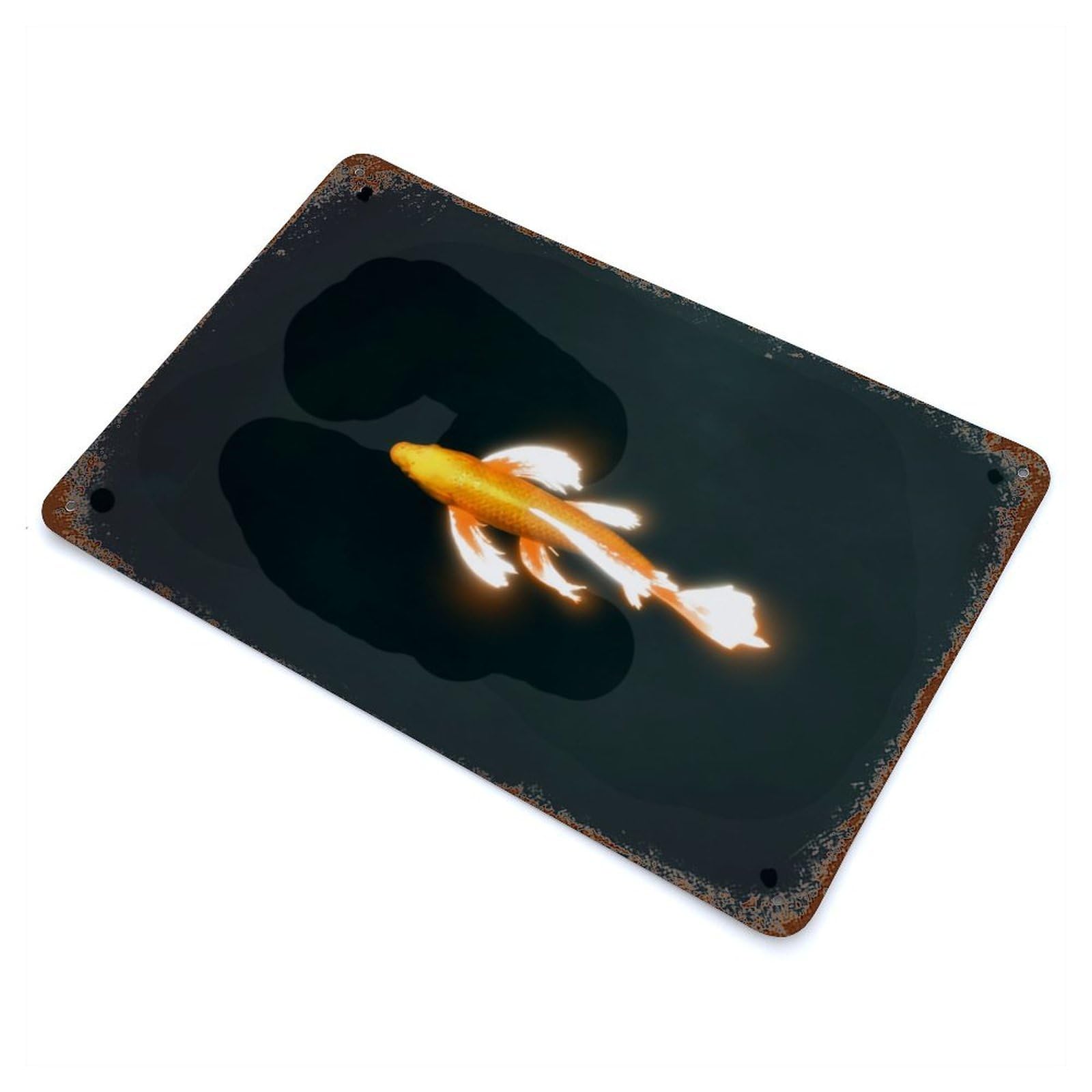 Glowing Koi Fish Dark Pond Weathered Tin Sign 11.8"x7.9", Retro Wall Decor for Pub, Kitchen And Man Cave Decor