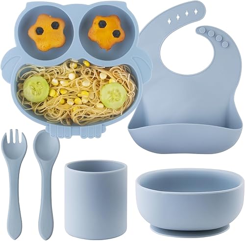 Juego de alimentación para bebés, 6 placas de succión para bebé, plato individual dividido con búho para niños pequeños y niños, juego de cuchara y