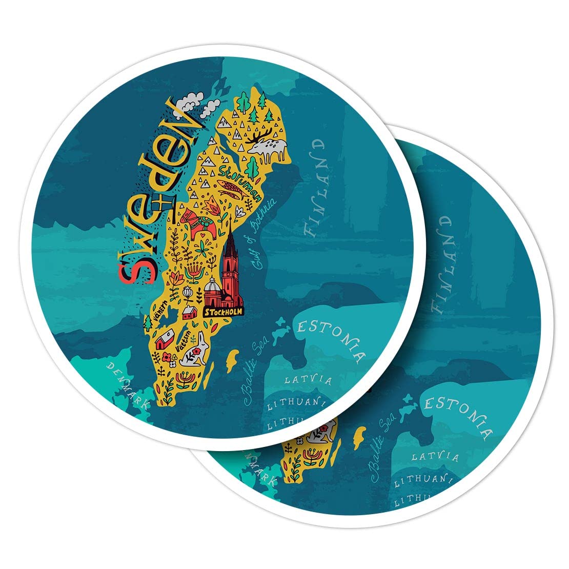 Vinyl Round Stickers (Set of 2) 10cm - Sweden Travel Map Flag Scandinavian for Laptops, Tablets, Luggage, Scrap Booking, Fridges #58778
