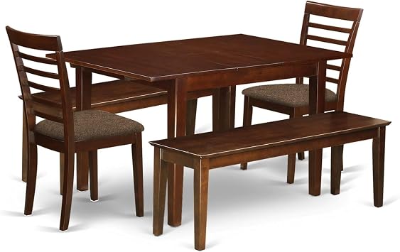 Ergode ErgodeMILA5C-MAH-C Milan 5 Piece Set-Rectangle Dining Table with Butterfly Leaf, 2 Linen Fabric Chairs, 2 Benches-36x54 Inch