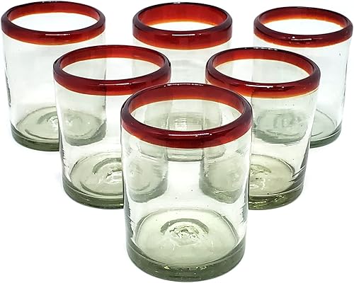 MexHandcraft Vasos de 10 onzas con borde rojo rubí (juego de 6), vidrio reciclado, sin plomo, sin toxinas (mezclador)
