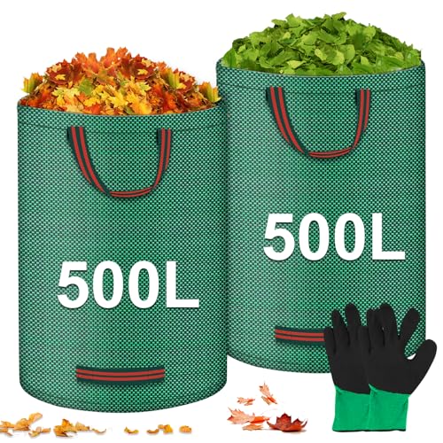 Sacs à Déchets de Jardin 2X500L Sacs de Jardin Réutilisables avec Poignées, Sacs Robustes pour la Collecte de Feuilles avec 2pcs Gants Sac à Déchets de Jardinage pour Ramasse Feuilles Mortes