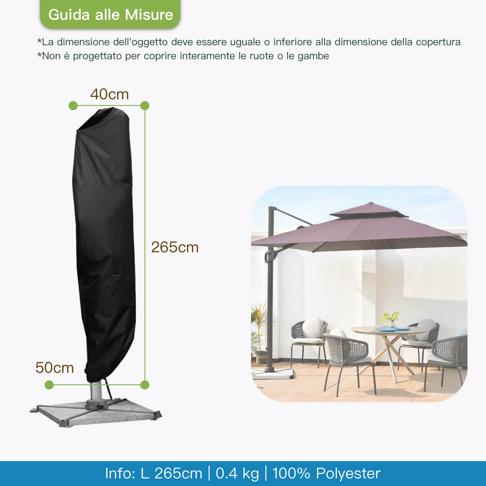 AWNIC Copri Ombrellone da Giardino Impermeabile, Resistente ai Raggi UV e agli Strappi Telo Ombrellone 3x4m Resistente allo Strappo Oxford Copertura Ombrellone da Giardino 265x40/70/50cm