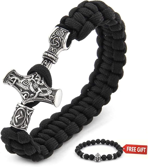 BAVIPOWER Viking Mammen Thor Hammer Braided Bracelet, 4 Length Options Stainless Steel Asatru Pagan Jewelry for Men Women