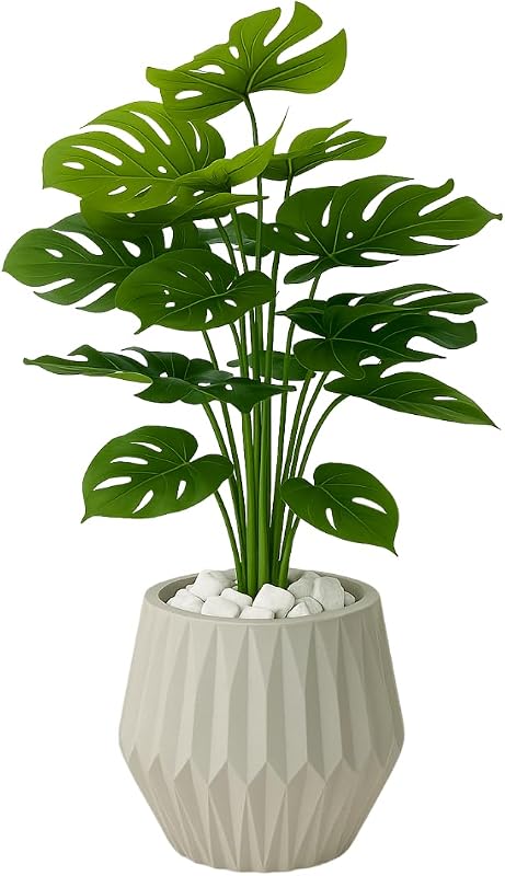 Costela De Adão Artificial 18 Folhas Com Vaso Origami Cinza
