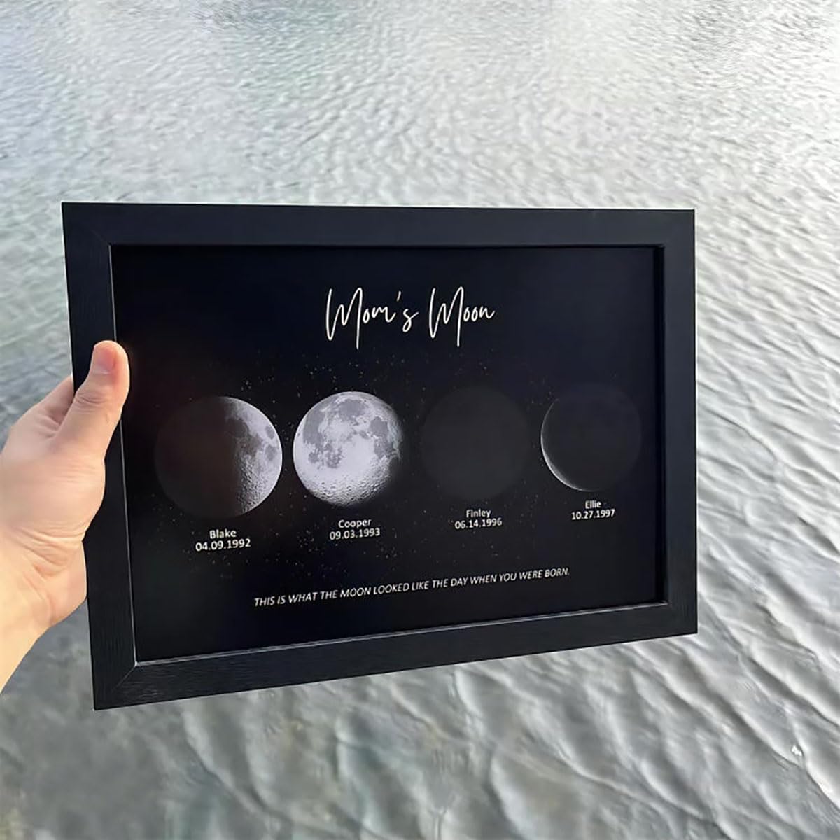 Personalized Mothers Day Moon Gift Family Moon Phase Picture Frame Custom Moon Phase Wall Decor Birthday Moon Phases Gift For Mom Grandma Anniversary, Natural Wood, A4
