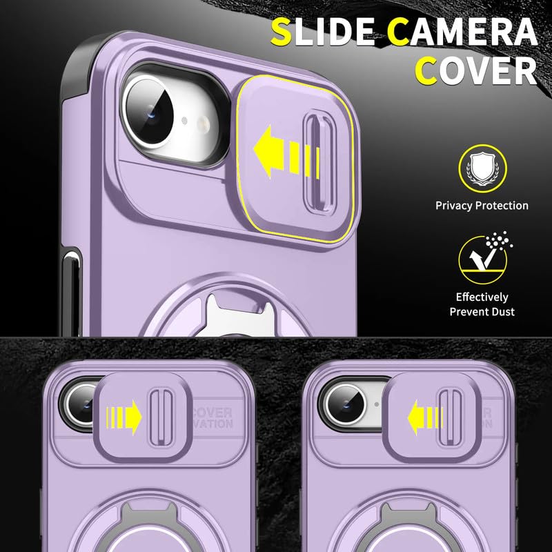 Image of LuxuryKase Shockproof Rugged Case for iPhone 16e | iPhone 17e | Slide Camera Cover | 360 Rotating Ring Kickstand | Military-Grade Protection - Lavender Purple
