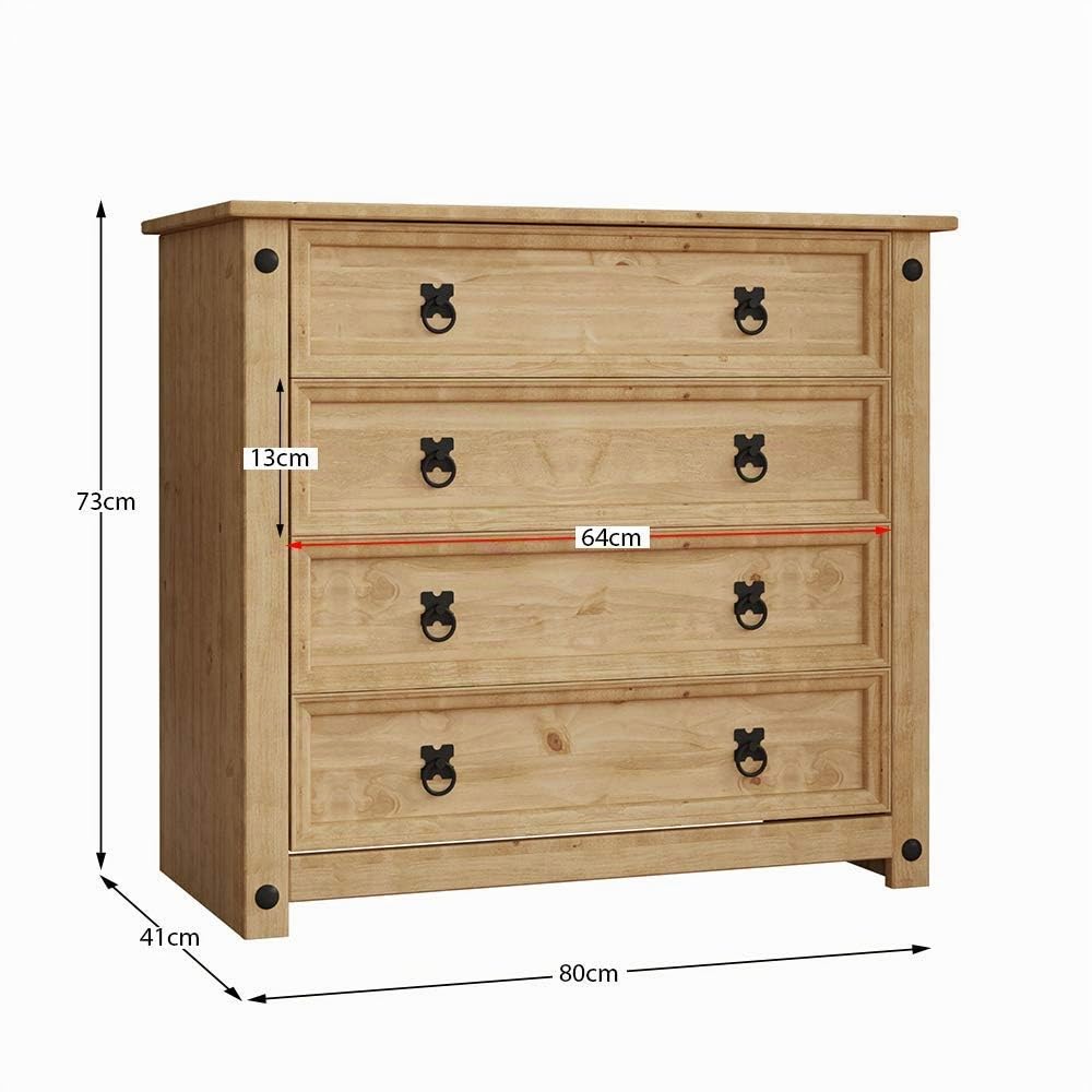 Home Discount, Corona, cassettiera rustica in legno massello di pino messicano, con 4 cassetti e finitura anticata cerata