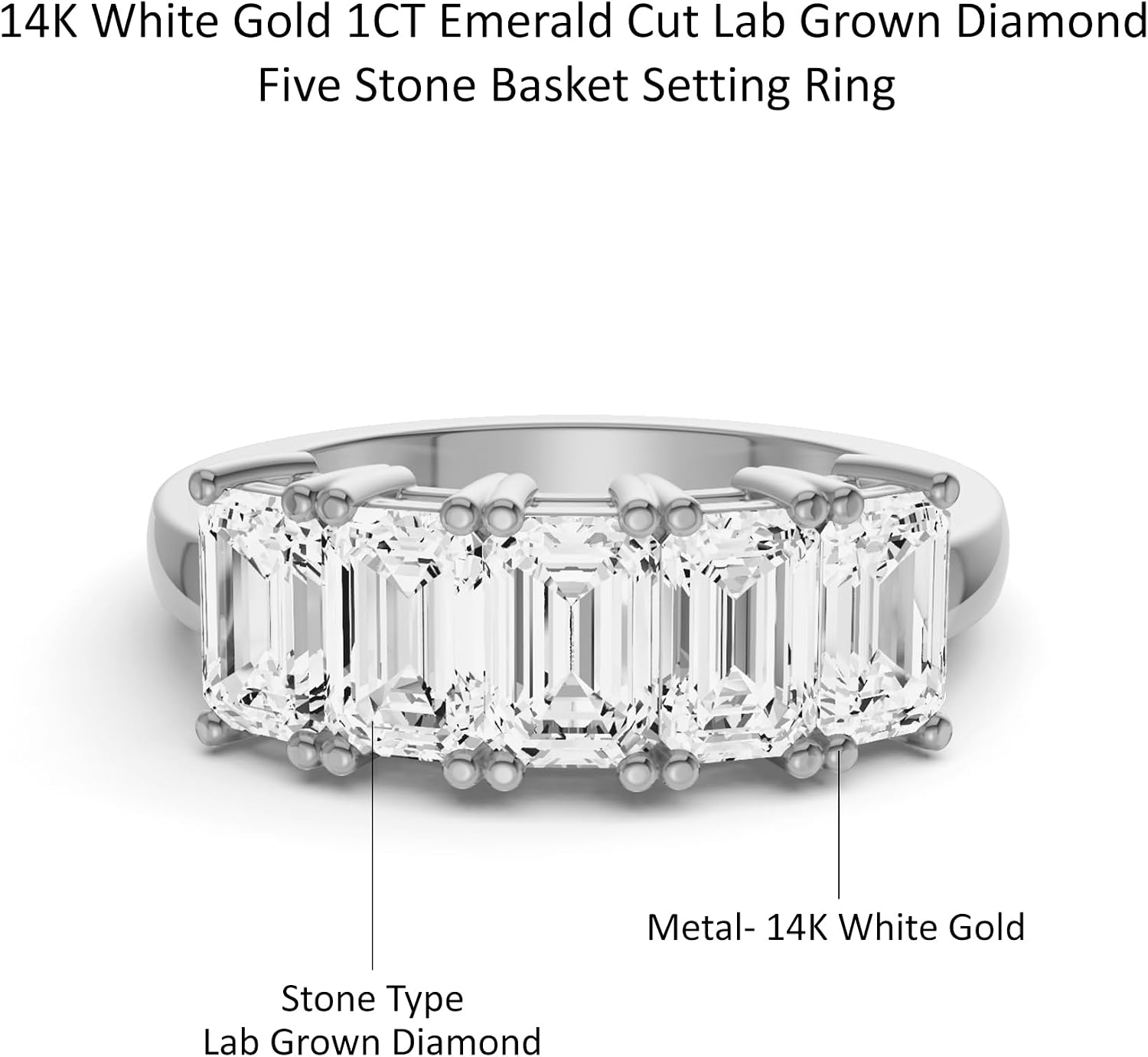 Diamond2Deal 14k Yellow or White Gold Lab Grown Diamond 5-Stone Wedding Anniversary Band Ring (D-E Color, VS Clarity) (1/2 Ct to 3 Ct)