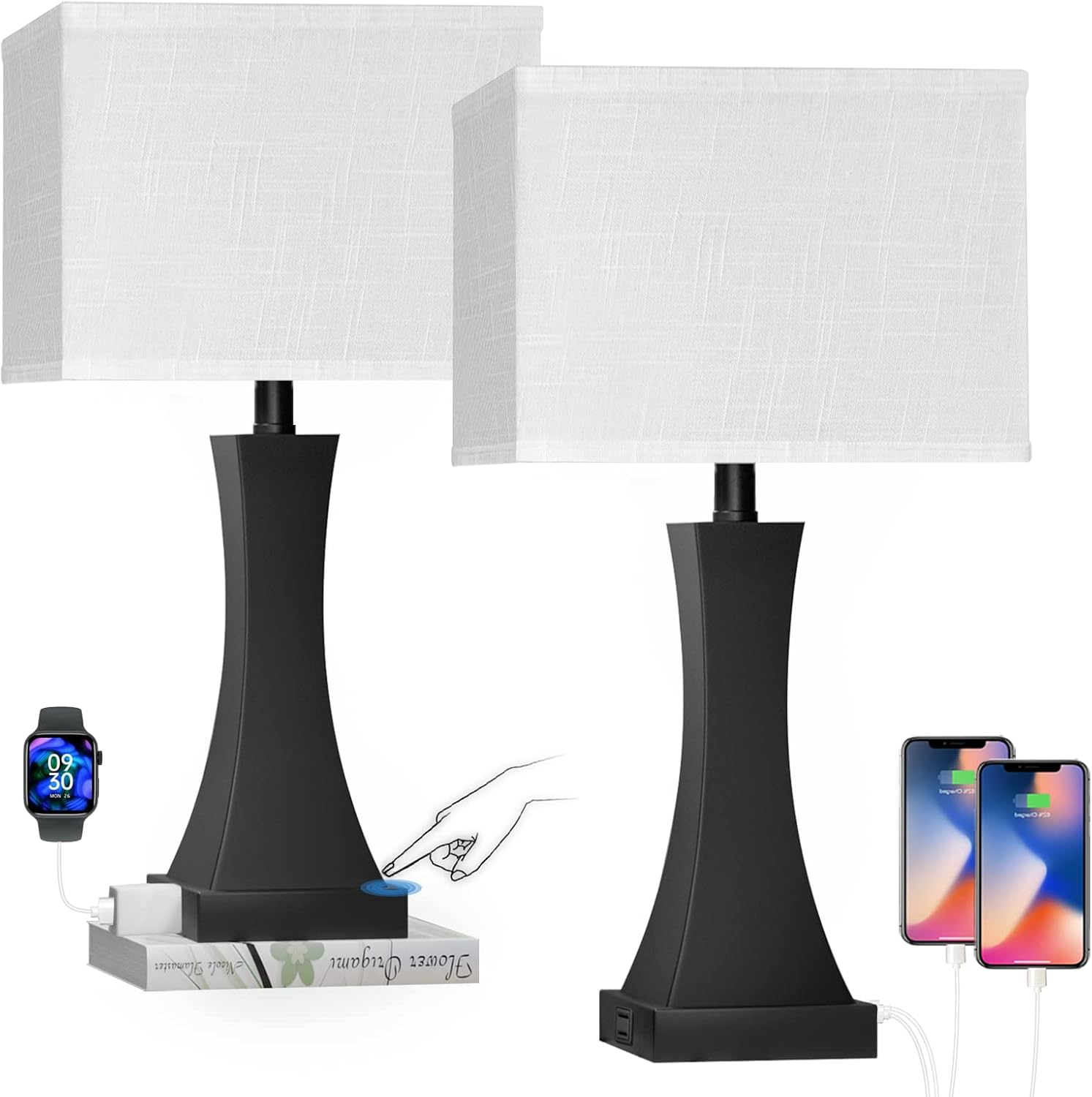 OYedis Set of 2 Touch Control Table Lamps 21.6" 3-Way Dimmable Bedside Nightstand Lamp with Type C/USB Charging Port and 1 AC Outlet Desk Lamp for Living Room Bedroom Office and Hotel Bulb Included Black Set of 2