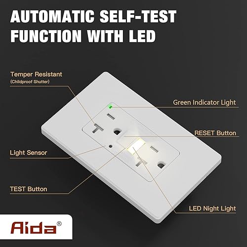 Miniatura 3 de AIDA Toma de corriente GFCI de 20 amperios, toma eléctrica de luz nocturna de autocomprobación, receptáculo resistente a manipulaciones con
