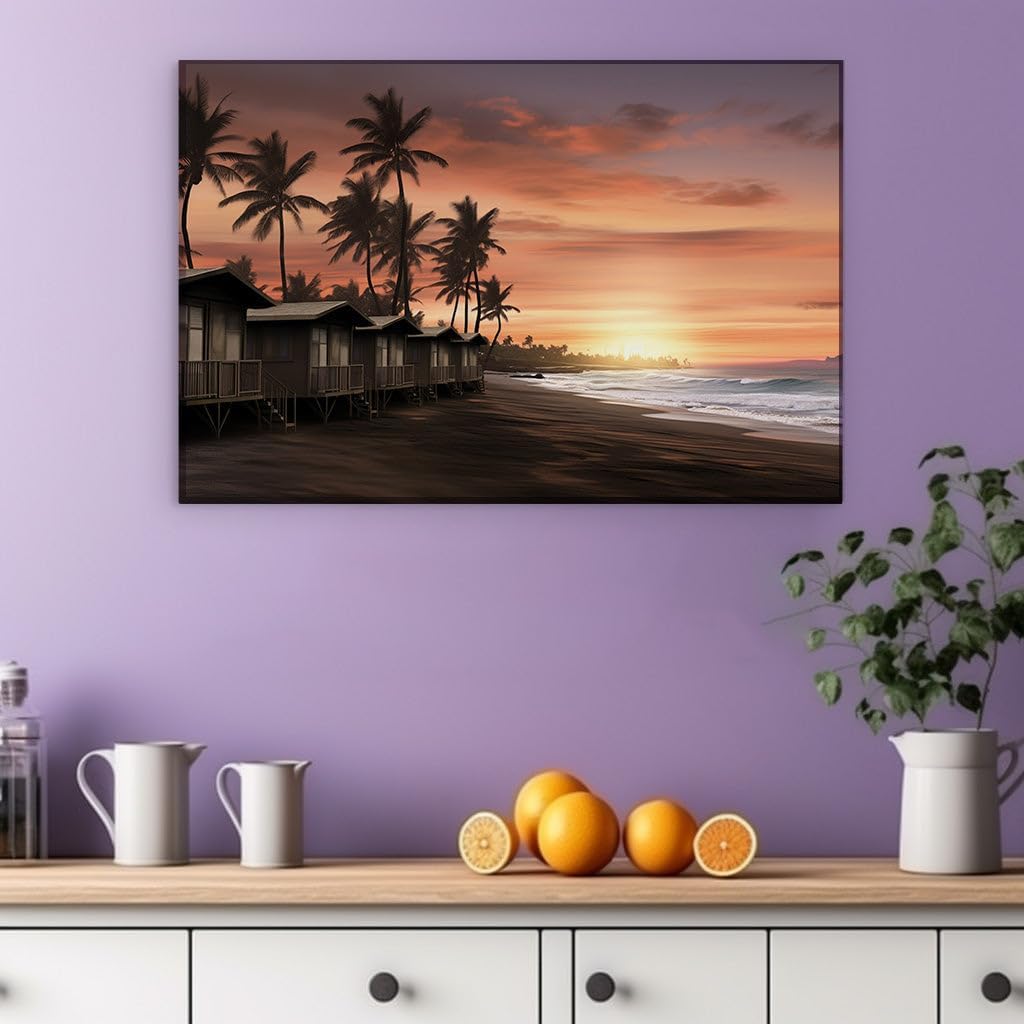 Canvas for Living room. Sunset Serenity: Discover the Tranquil Beauty of a Secluded Beach Haven, 27 x 18 inch Canvas Wall Art - Ready to Hang - 69x46 cm (27x18 inch)