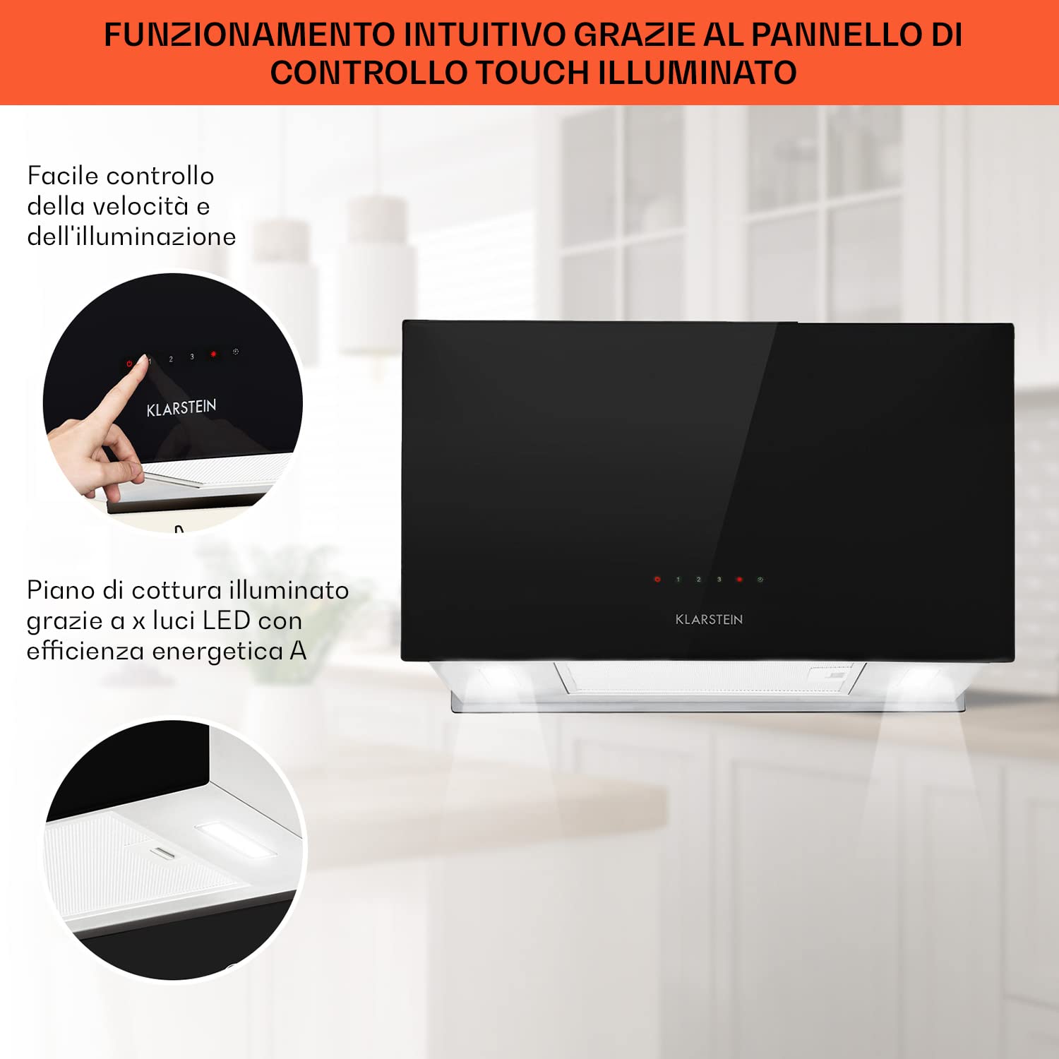 Klarstein Cappa Isola Sospesa, Cappa Cucina con Timer, Flusso d'Aria di 590m³/h, Cappa Sospesa per Isola Cucina con 3 Modalità e Filtri Antigrasso, Cappa Isola Sottopensile con Filtri a Carboni Attivi