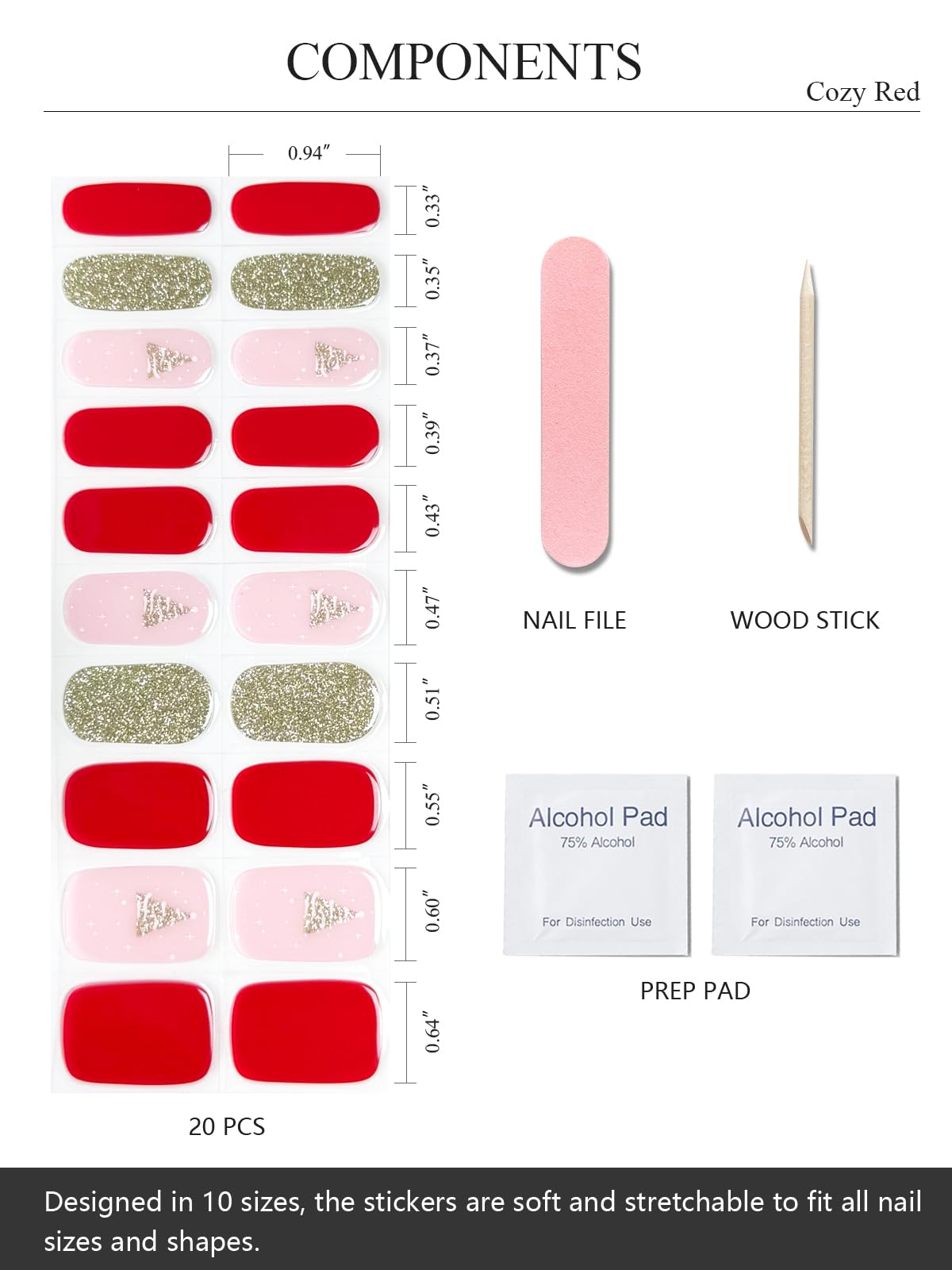AutyaMee Lot de 20 bandelettes de gel semi-durcies (rouge douillet), sapin de Noël, autocollants, qualité salon, durable, fonctionne avec toutes les lampes UV