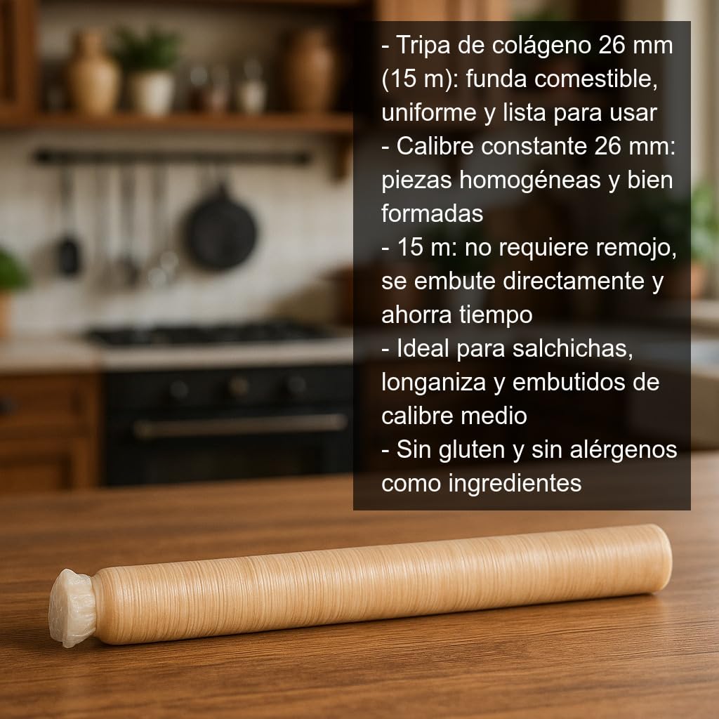 Tripa de colágeno comestible 26 mm 15 m lista para embutir, funda uniforme para salchichas y longaniza, calibre constante para embutidos caseros y artesanales