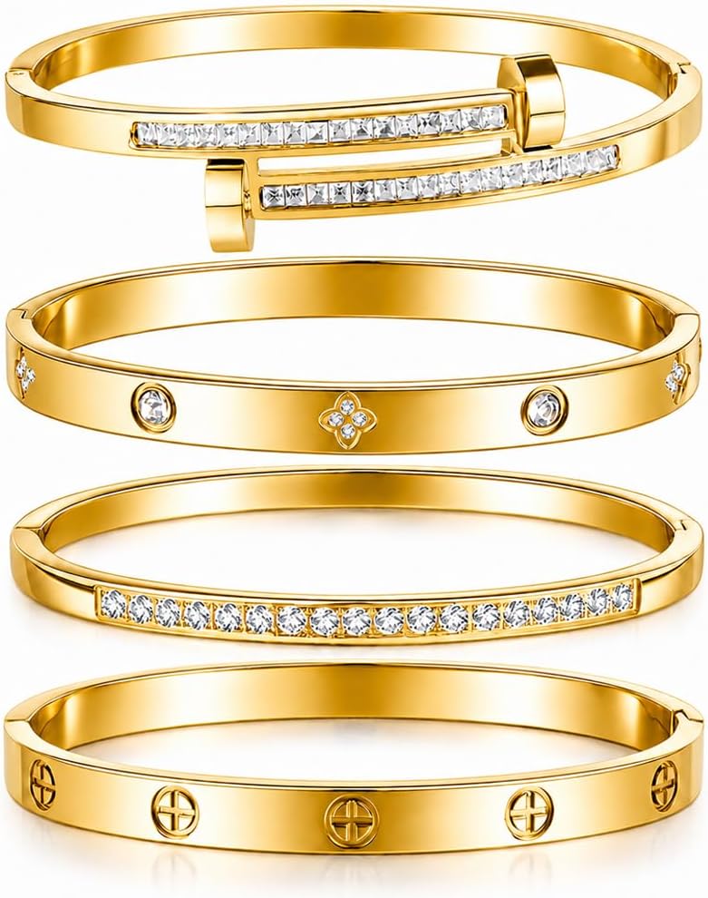 Gold Bangle Bracelets for Women set Stainless Steel 18K Gold Plated