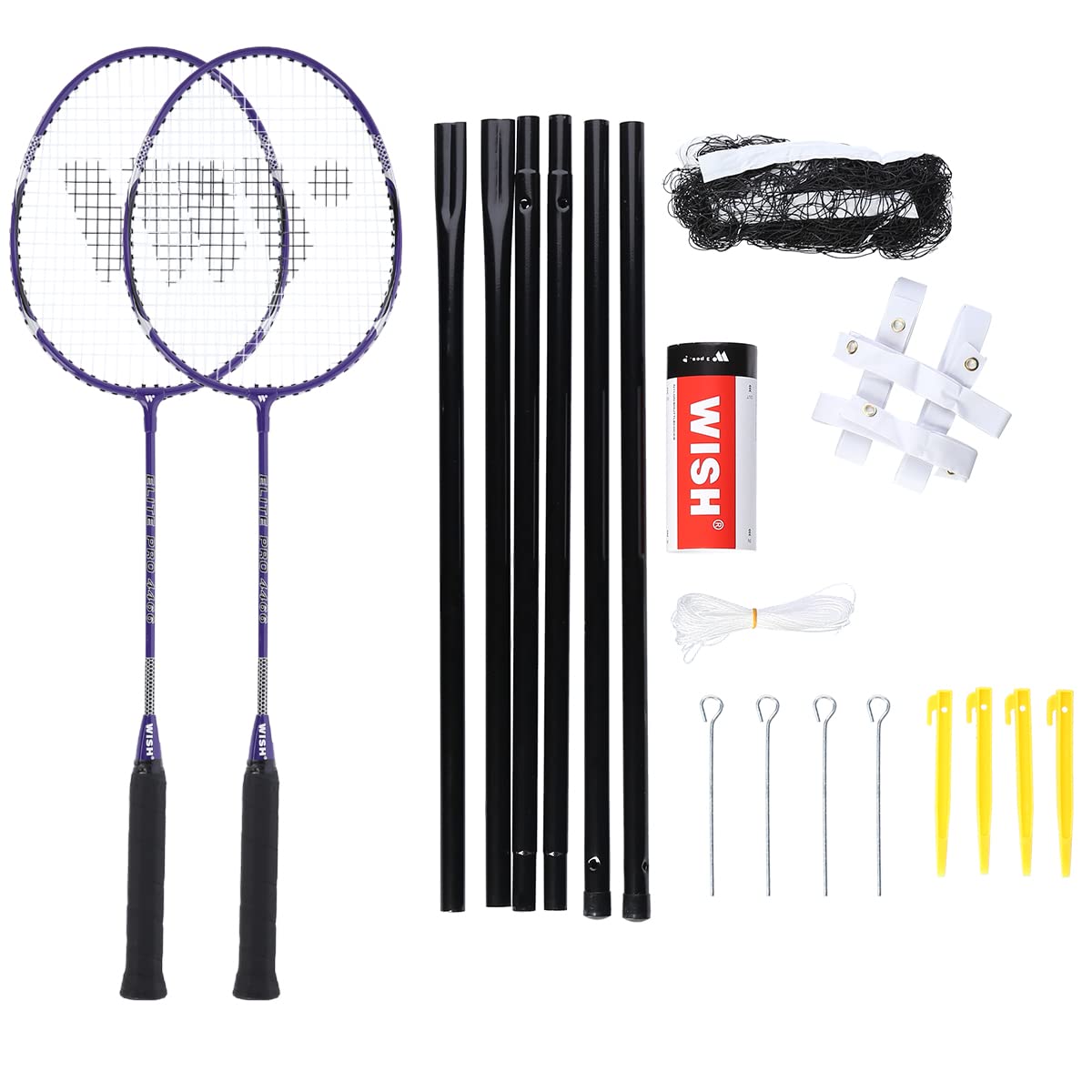 Wish Alumtec Badminton Racket Set 4466 2 Purple Rackets 3 Shuttlecocks Net Lines