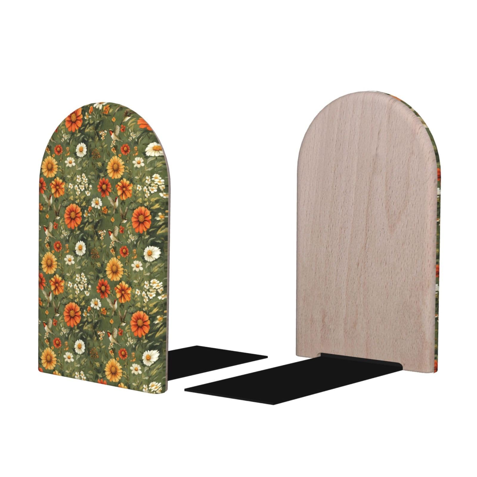 Orange Daisy Hummingbird Print BookEnds 1 Pair, Decorative Bookends for Heavy Books, Wood Book Ends for Shelves, Book Organizer for Home Desk Office Supplies