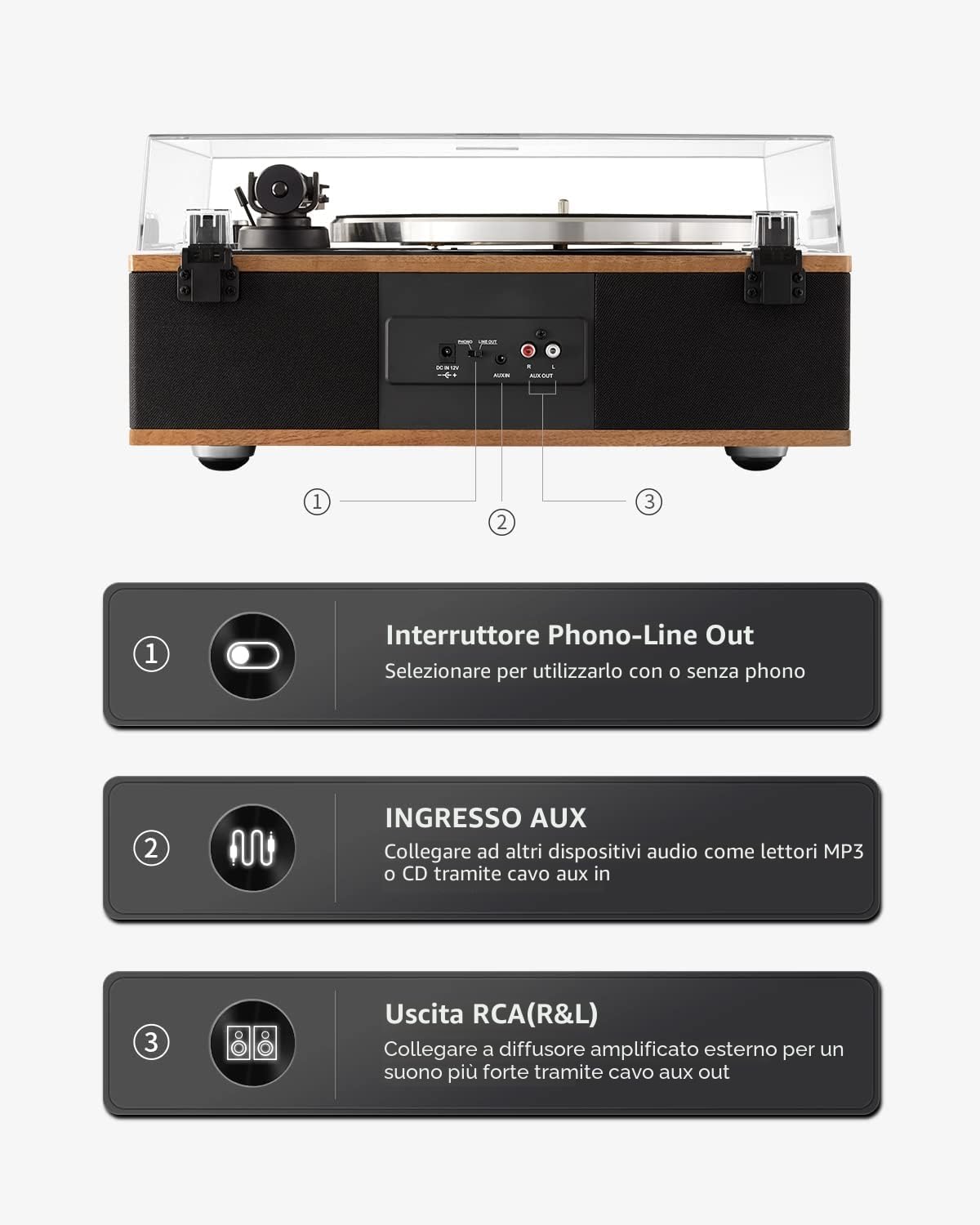 ANGELS HORN Giradischi in vinile Bluetooth HiFi con altoparlanti e preamplificatore Phono integrato 33/45 giri/min pickup AT-3600L