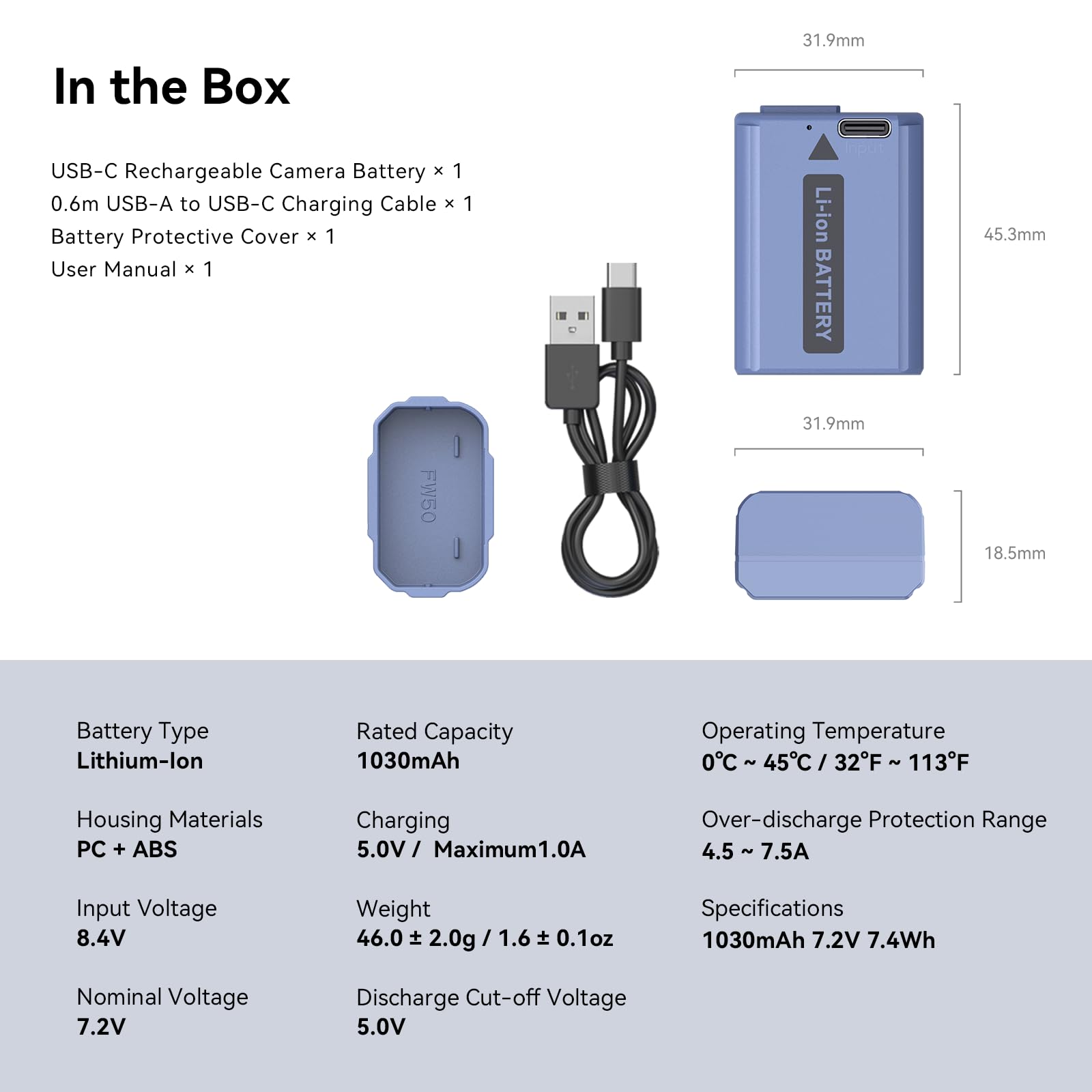 SMALLRIG NP-FW50 Batteria per Sony ZV-E10/A7SII/A6500, 1030mAh USB-C Batteria a Ricarica Rapida per Sony A7RII, A7, A7S, A7R, A6400, A6500, A6300, A5000, A5100, A6000, RX10, Blu - 4330